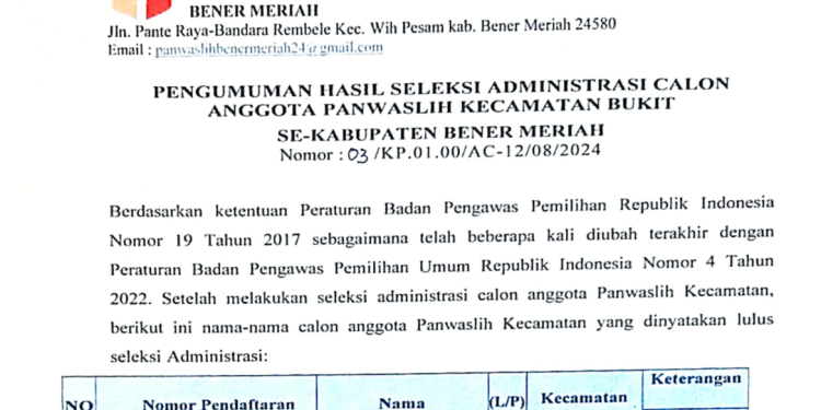 Pengumuman Hasil Seleksi Administrasi Calon Anggota Panwaslih, Kabupaten Bener Meriah, Photo: Ist