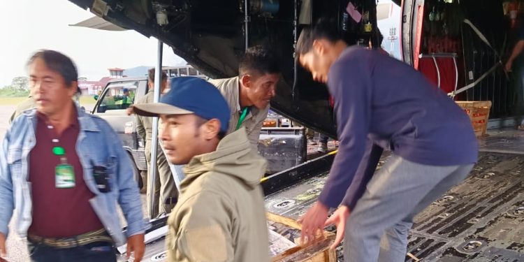 Proses pengiriman produk hasil pertanian dengan menggunakan pesawat Hercules, Foto : Ist